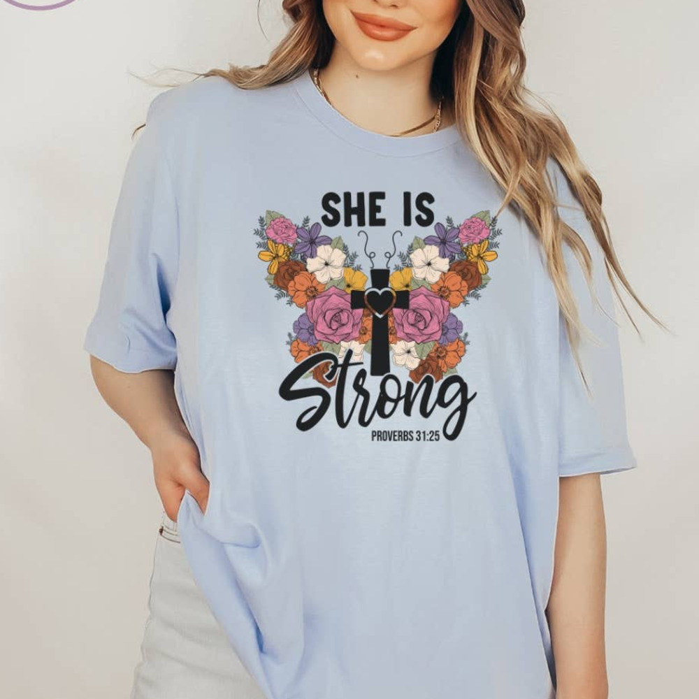 She is Strong Shirt Butterfly flower Cross Mama Faith Christian Religious Tshirt